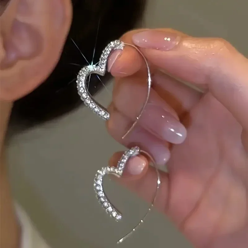 Huitan Attractive Silver Color Crystal CZ Love Hoop Earrings for Women Fashionable Gorgeous Accessories Versatile Party Jewelry