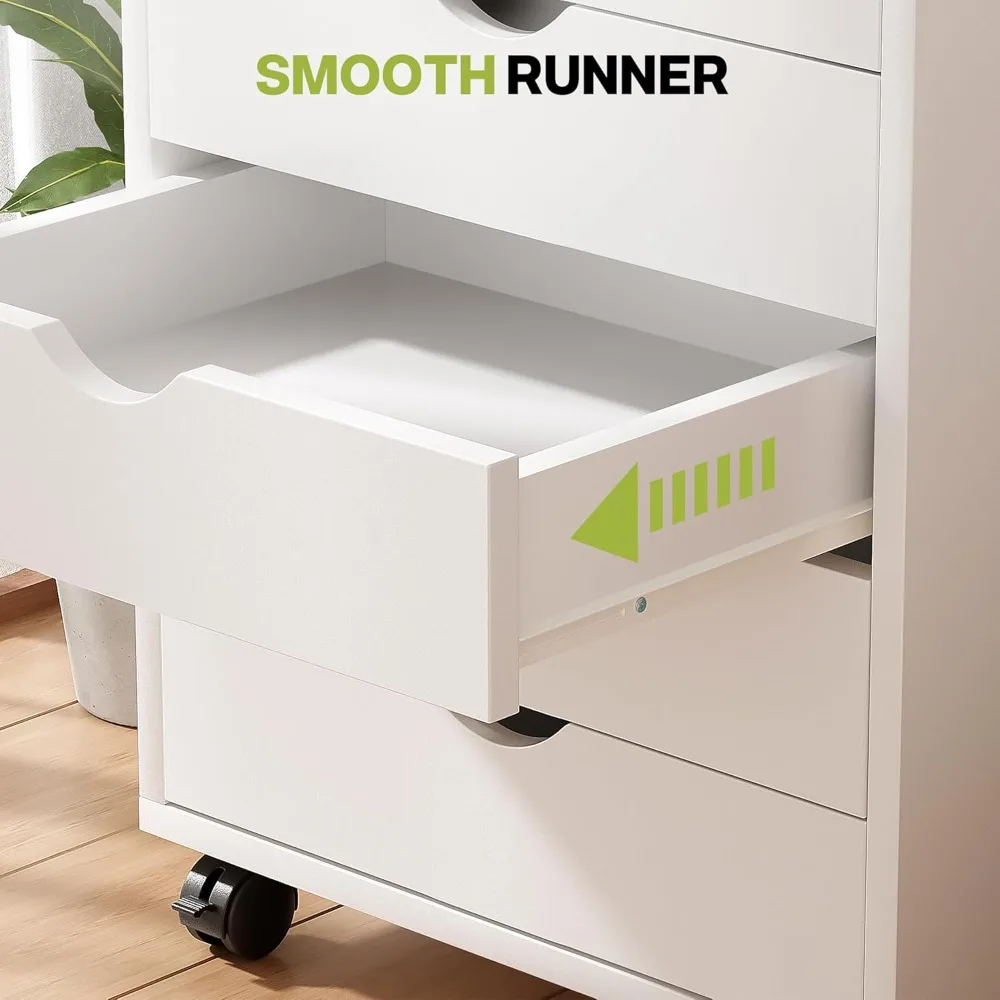 خزانة ملفات متنقلة ذات 5 أدراج مع عجلات، منظم تخزين تحت المكتب للمكتب المنزلي، أبيض