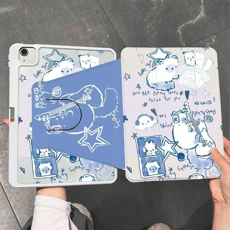 IPad Air 5 Air 4 10.9 Rotating Stand Tablet Cover for Ipad 5th 6th 9.7 10.2 9th 8th 7th IPad Pro 11 2022 Blue and White Dj Cat