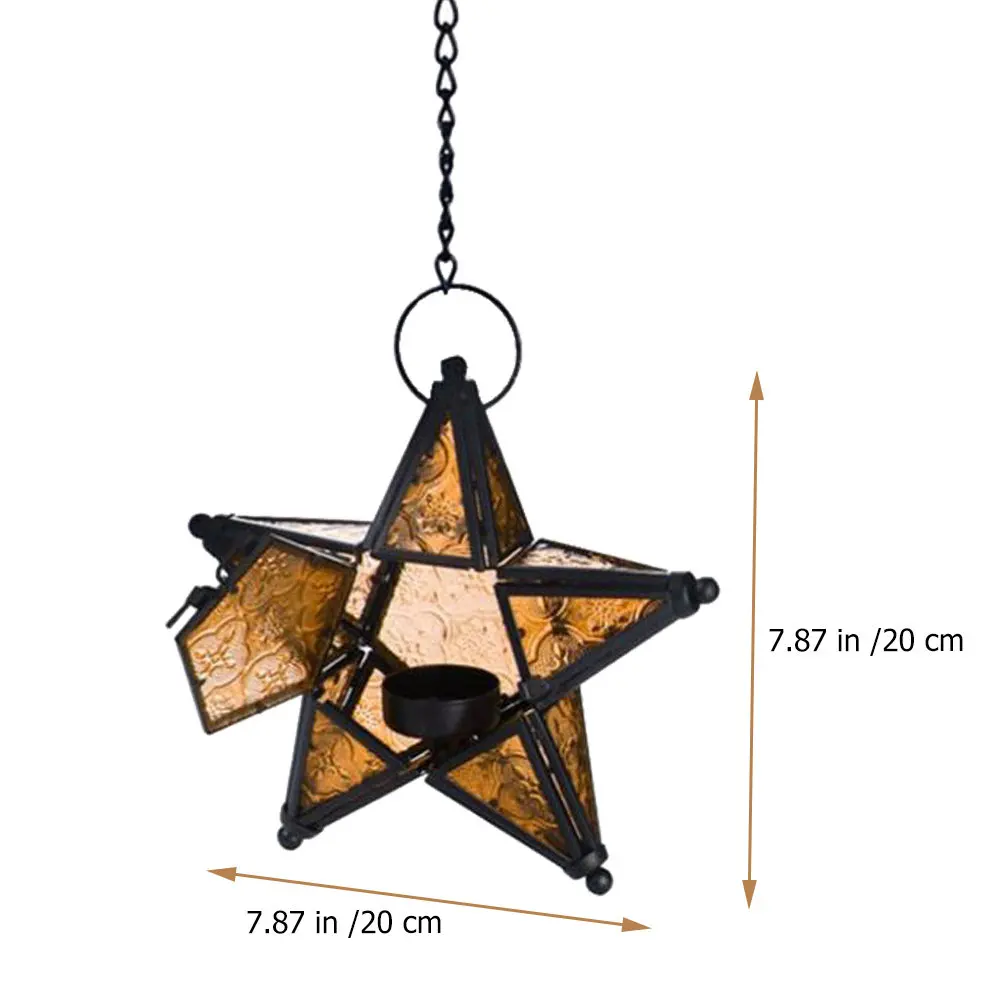 Handmade Five-Pointed Star Shaped Hanging Holder with Colorful Stained Glass Panels and Industrial Iron Frame for Living