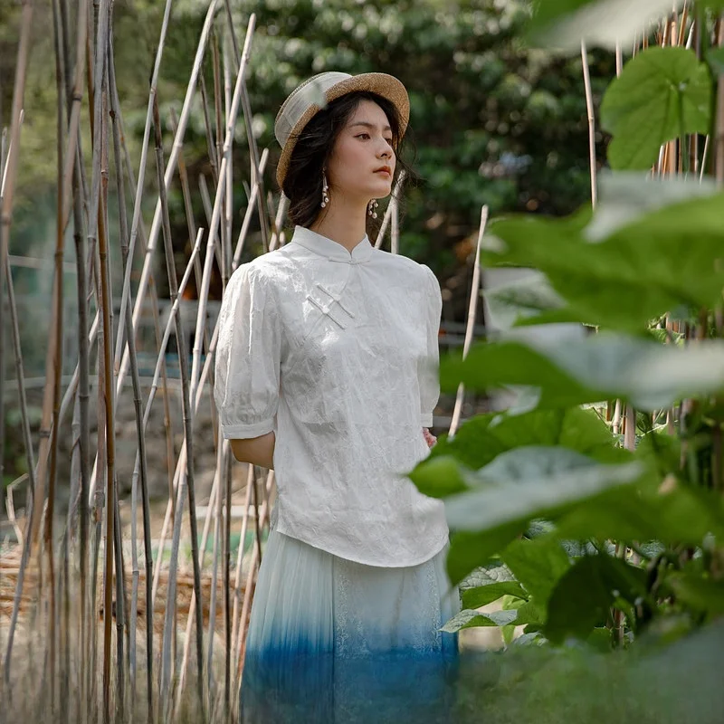 

Pure Color Embroidered Slim Fit Vintage irt Women's ort Sve Button up Cotton Blend Stand Collar Casual Faion