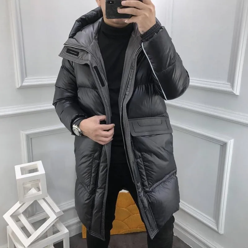 New Winter Mens Thicken Warm Medium Long Hooded Down Coat Stand Collar Zipper Fashion Casual Jacket Male High Street Overcoat