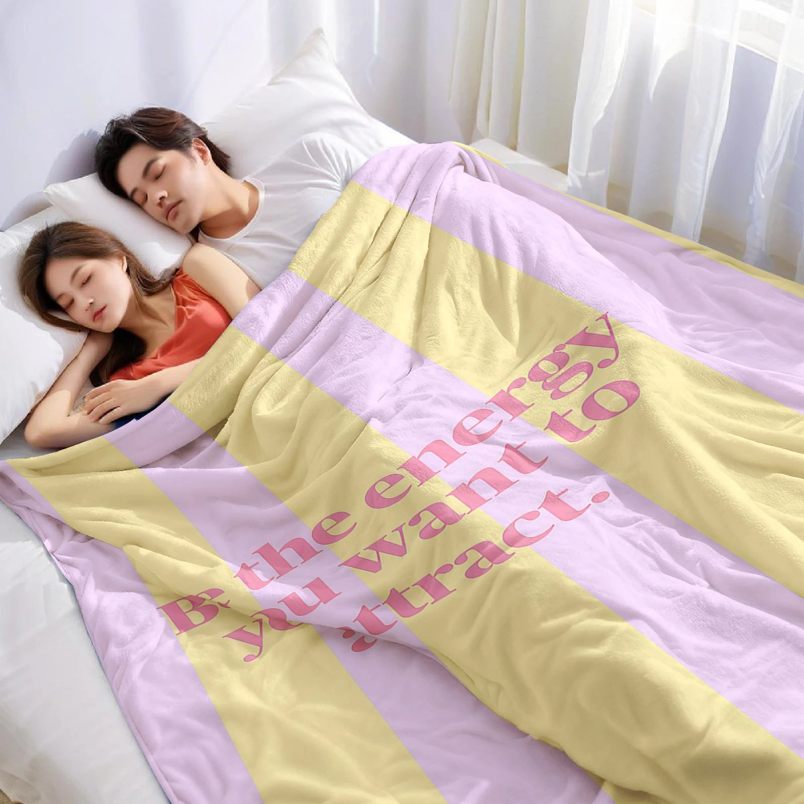 Pastel Positive Text Stripe Cartoon Anime Print Flannel Blanket Soft Warm Throw for Kids Bedroom Sofa Bed Christmas Office Car