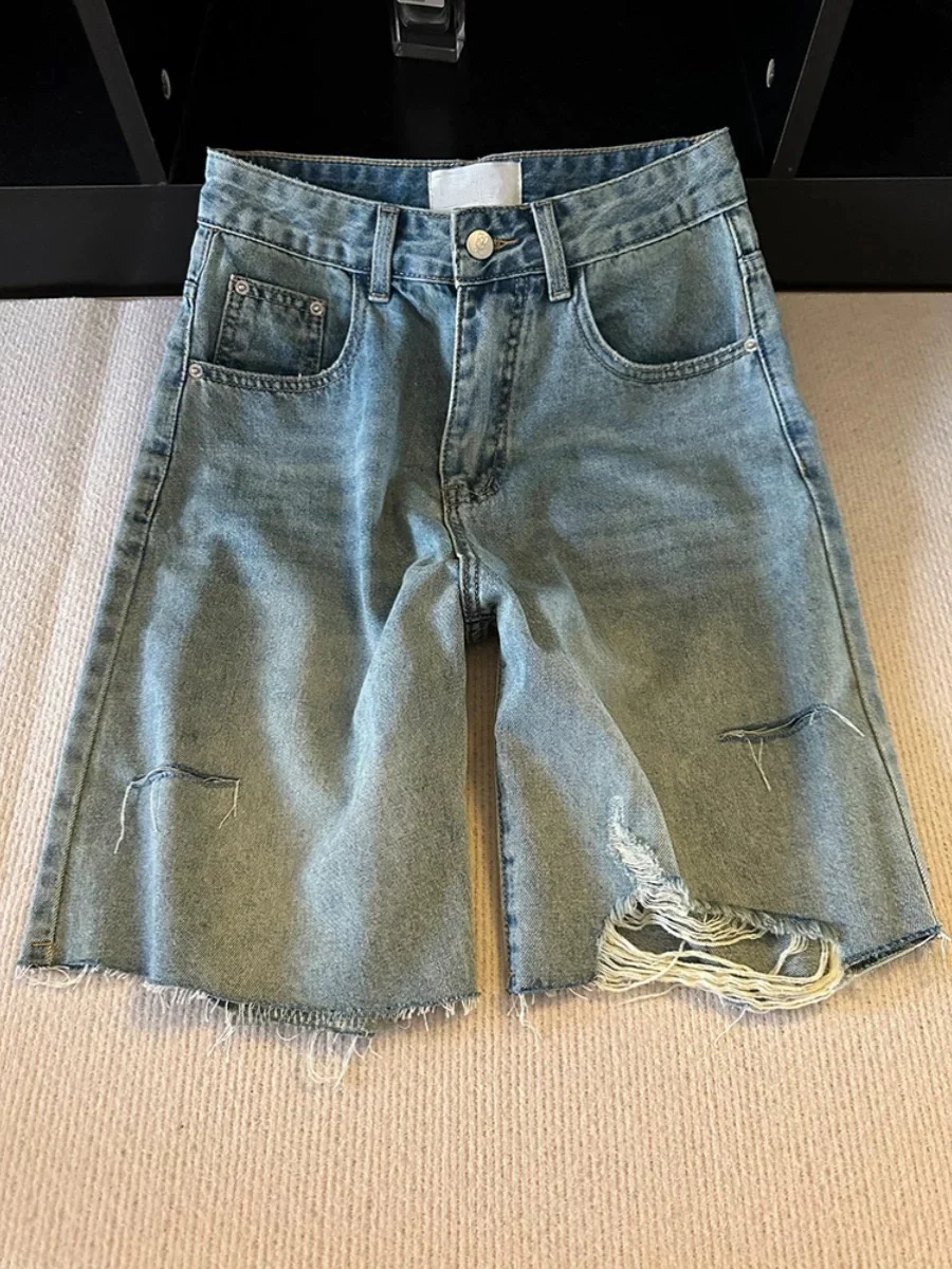 

American Waed Men's Denim orts Summer New Design Trendy Brand Scratch Loose Straight Five-Quarter Pants Casual Youth Faion