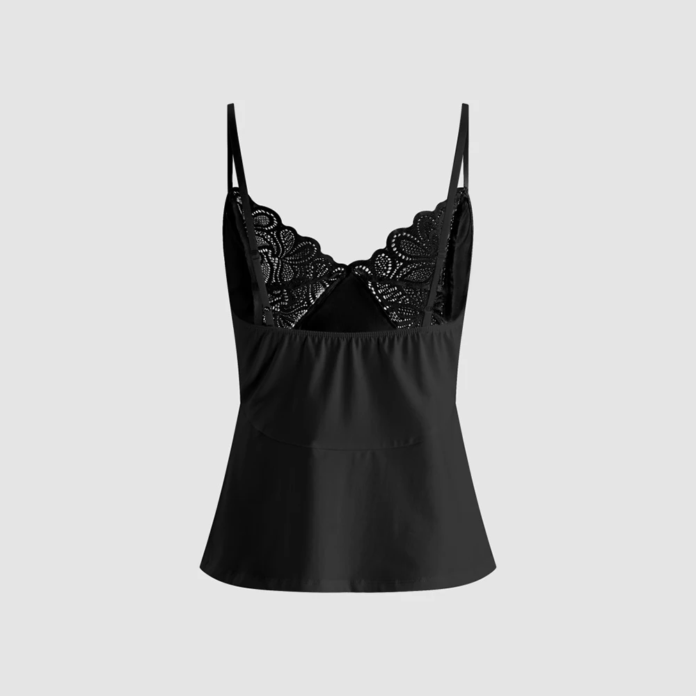 Women Cotton‑Blend Cami Top Elegant V‑Neck Lace Splicing Spaghetti Straps Sleeveless Camisole Ladies Basic Layering Tank Top