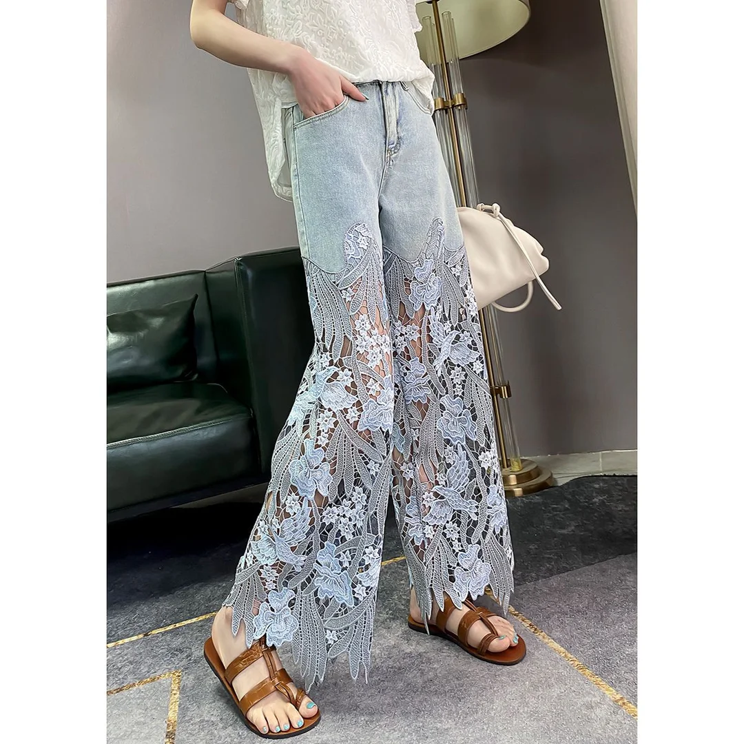 

Hollow Out Lace Patchwork Jeans Women Spring Summer High Waist Loose Stright Wide Leg Pants Chic Trend All-matched Denim Pants