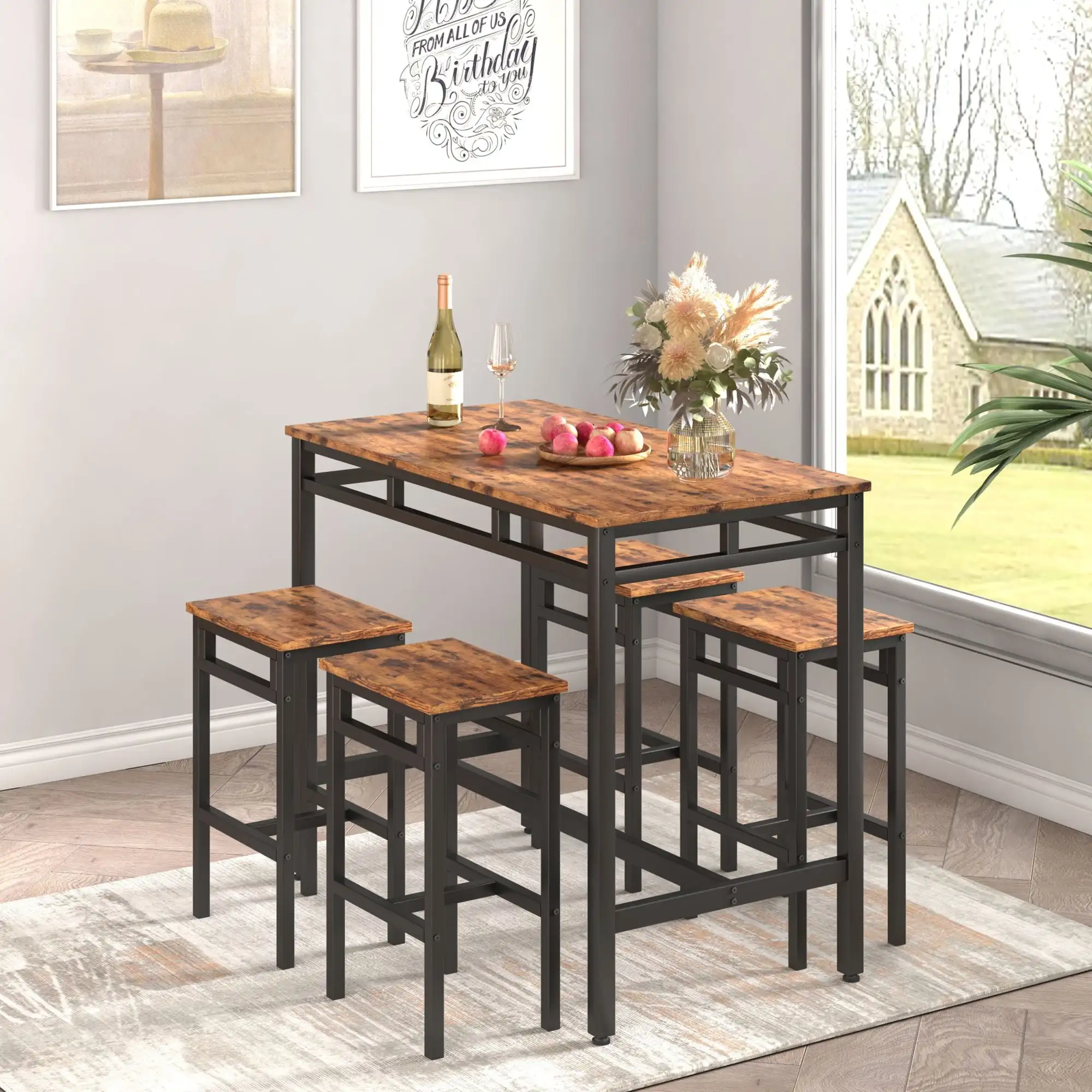5-Piece Bar Table Set, Industrial Counter Height Pub Table with 4 Stools for Kitchen Restaurant - Rustic Brown