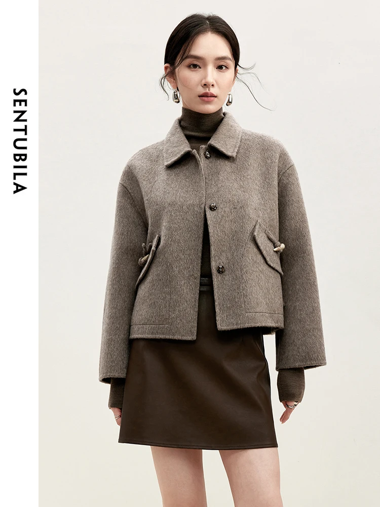 

SENTUBILA Women's Straight 100% Woolen Coat 2024 Winter Solid Turn Down Collar Single Breasted Coats High Qulity W44O56113