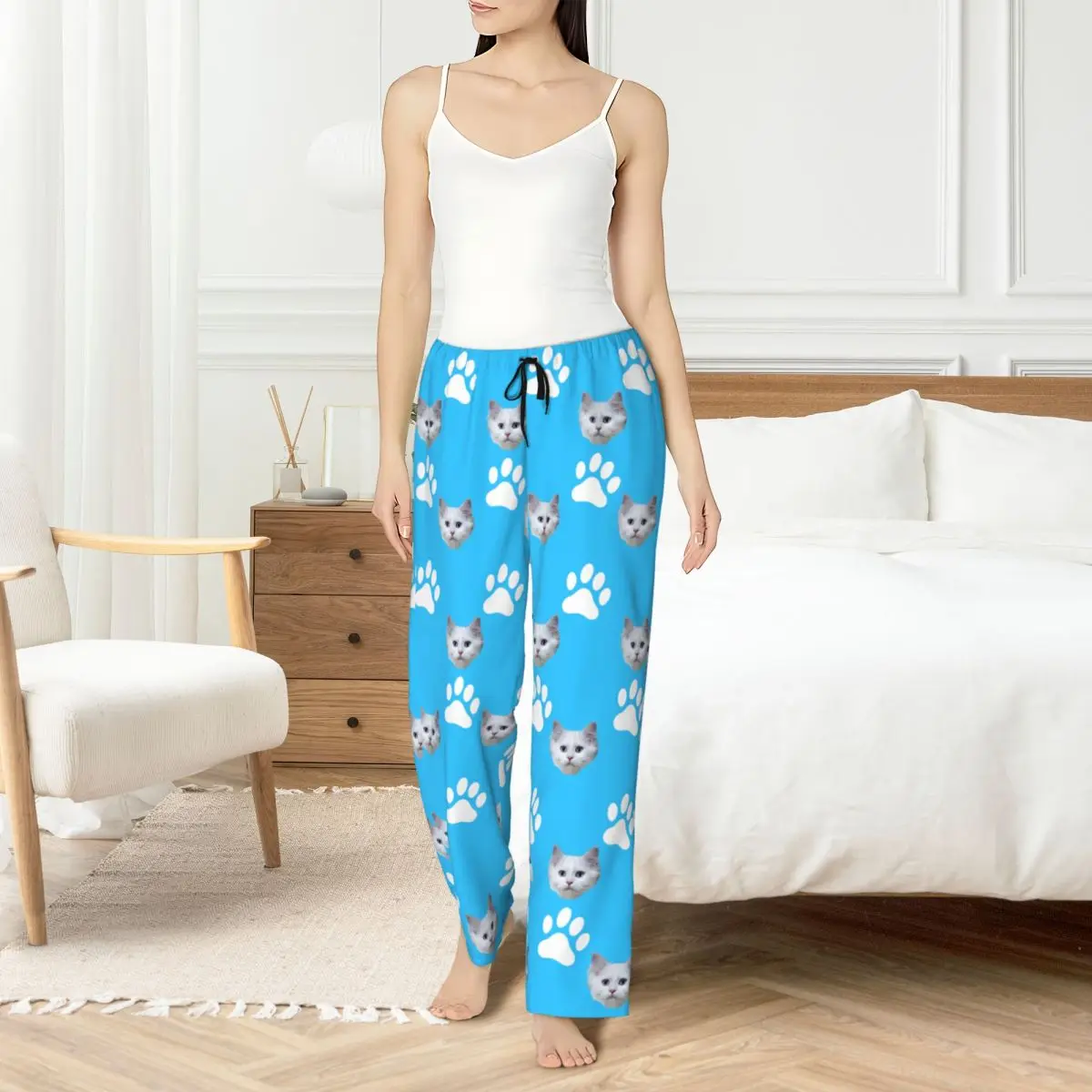 Pijamas con cara de gato para mujer con estampado personalizado, pantalones de pijama, ropa de dormir, pantalones de salón con bolsillos