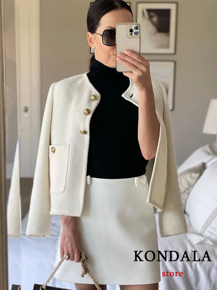 KONDALA Vintage Woolen Loose Elegant Jackets Women Button Pocket Solid White Coats Women Fashion 2022 Autumn Office Lady Outwear