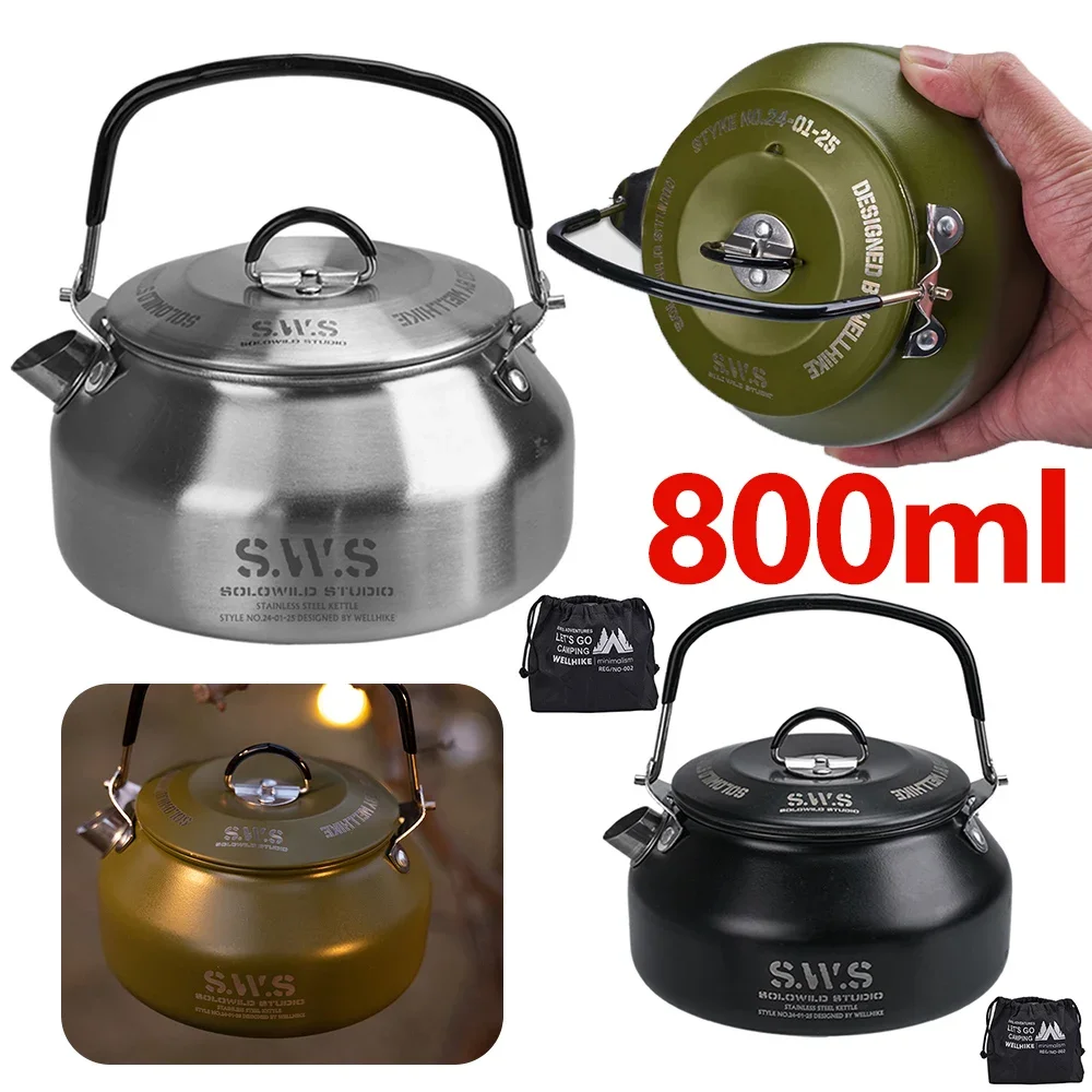 

0.8L Water Kettle Portable Ultralight Stainless Steel Camping Water Kettle Outdoor Coffee Pot Teapot for Outdoor Travel Camping