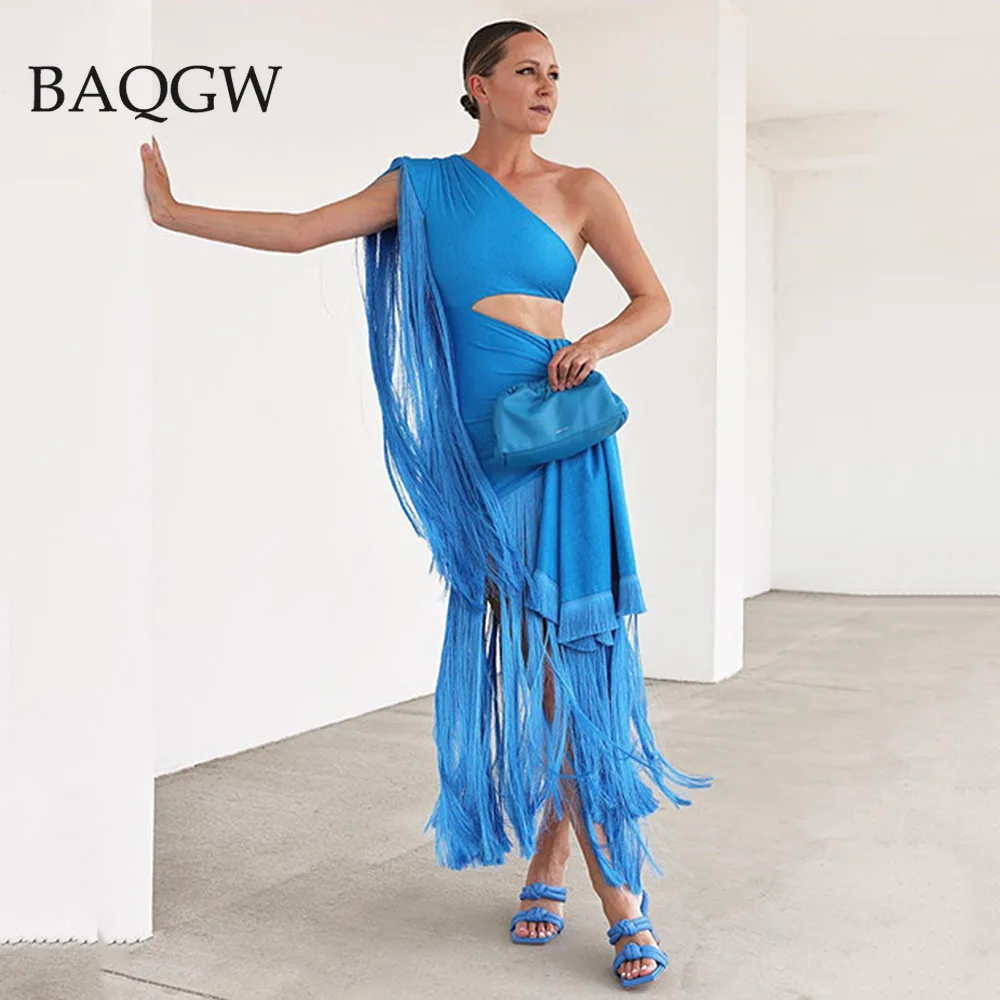 2024 New Women Blue Sexy Hollow One Shoulder Tassel Design One Shoulder Long Bandage Dress Elegant Celebrity Party Luxury Dress