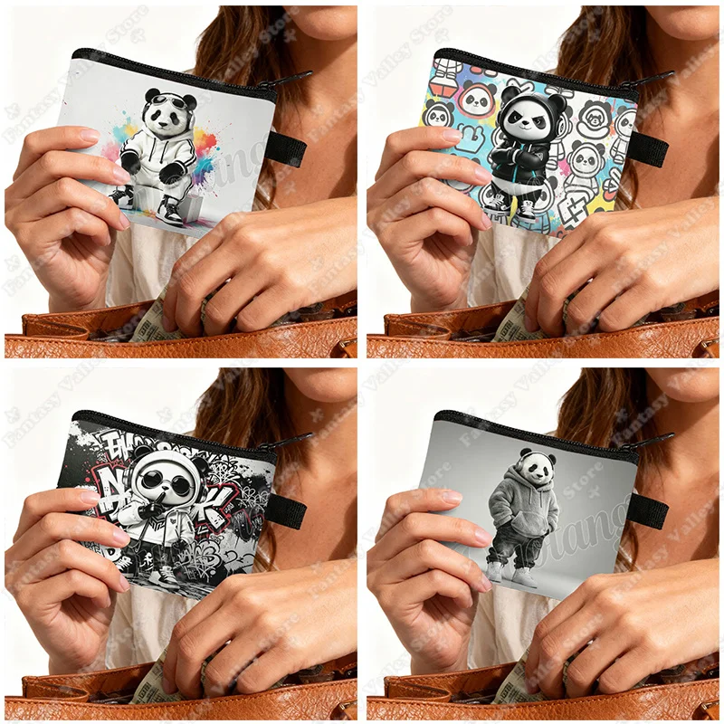 Graffiti Style Animal Panda Pattern Coin Purse Fashionable Panda Wearing Headphone Coin Bag Credit Card Purse Zipper Pouch Gift