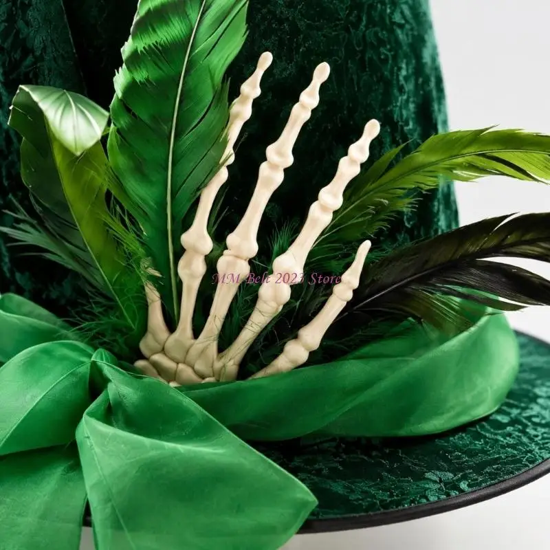 49ME Tall Wizard Costume Hat with Flat Dark Green Finish, Skeletal Hand Ornament and Feathered for Stage and Theater