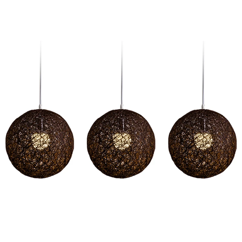 

3X Coffee Bamboo, Rattan And Jute Ball Chandelier Individual Creativity Spherical Rattan Nest Lampshade