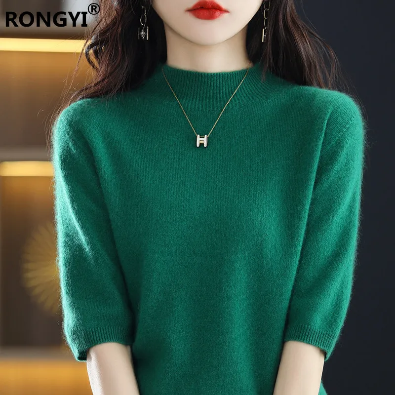 RONGYI Seamless Cashmere Sweater Knitted Women's Clothing 100% Pure Wool Short-Sleeved 2022 Spring Five-Quarter Sleeve  Pullover