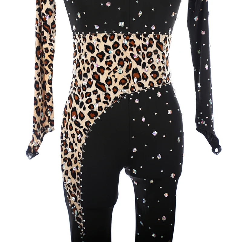 One Custom Figure Skating Tights Jumpsuit For Girls Kids Women Skating Black Leopard Print Tights