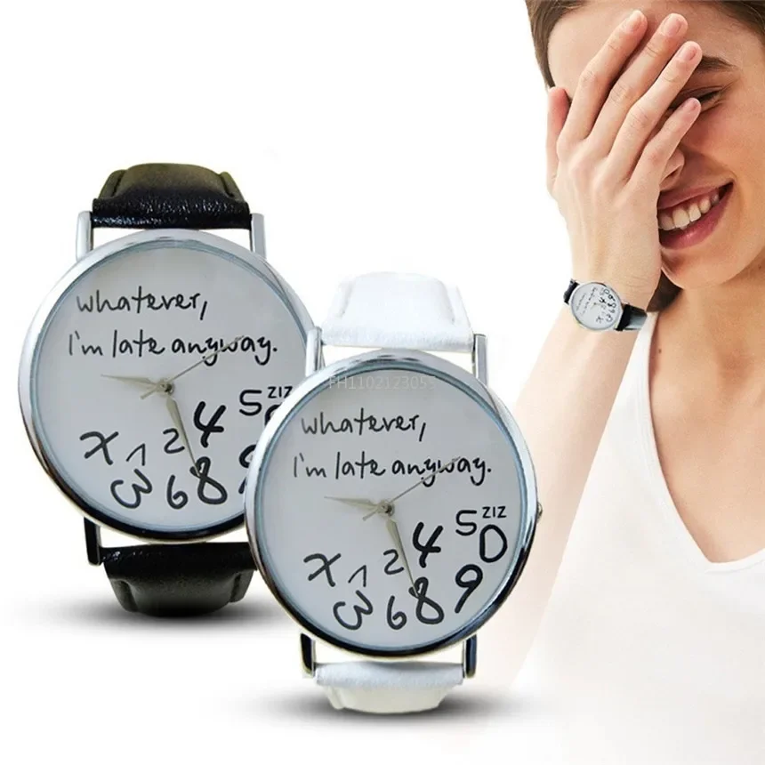 Reloj sencillo para Mujer, relojes de cuero con esfera grande, lo que sea tarde de todos modos, Reloj con letras para estudiantes, Reloj para Mujer