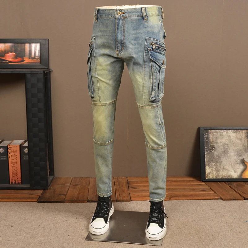 Pantalones vaqueros Retro lavados para hombre, Jeans elásticos ajustados de motorista empalmados, pantalones Cargo de mezclilla Hip Hop de diseñador de bolsillo, moda urbana, azul