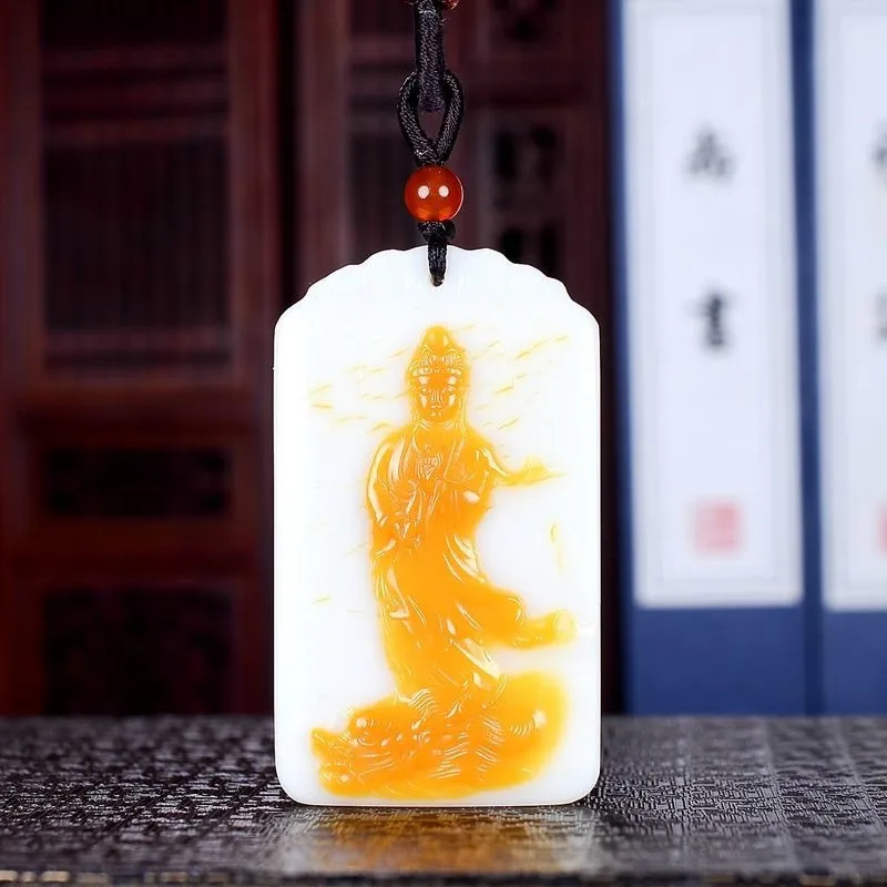 

Xinjiang Hetian jade seed material white jade Yulong Guanyin pendant mutton fat jade original stone station Guanyin jade pendant