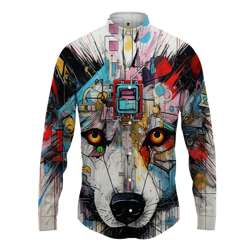 

Spring And Autumn Fashion Men's Button Shirts 3D Funny Wolf Graphic Long -sleeved Shirts Street Harajuku Casual Men's Shirt