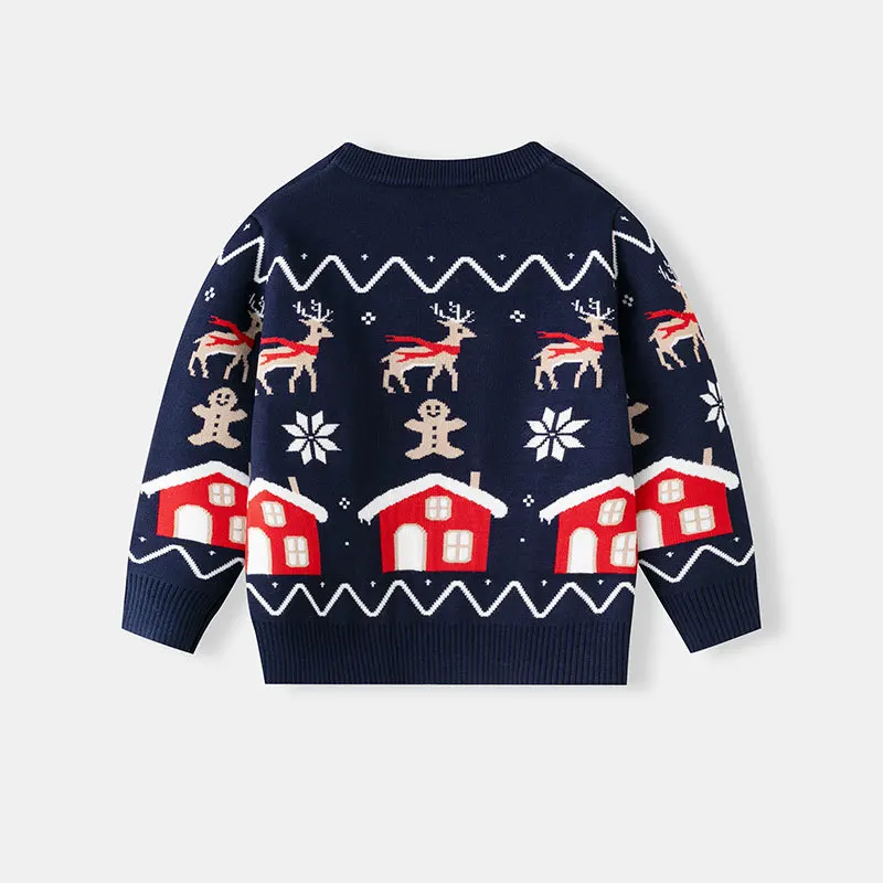 2026 New European and American children's Christmas cartoon gingerbread man pullover sweater boys and girls baby bottoming knit