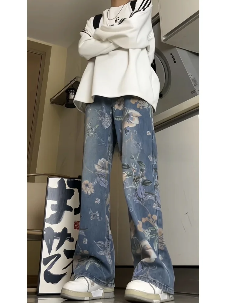 

Свободные мужские джинсы с широкими штанинами, с цветочным принтом, винтажный дизайн, весенне-осенние, из смеси хлопка и полиэстера, износостойкие, прямые брюки