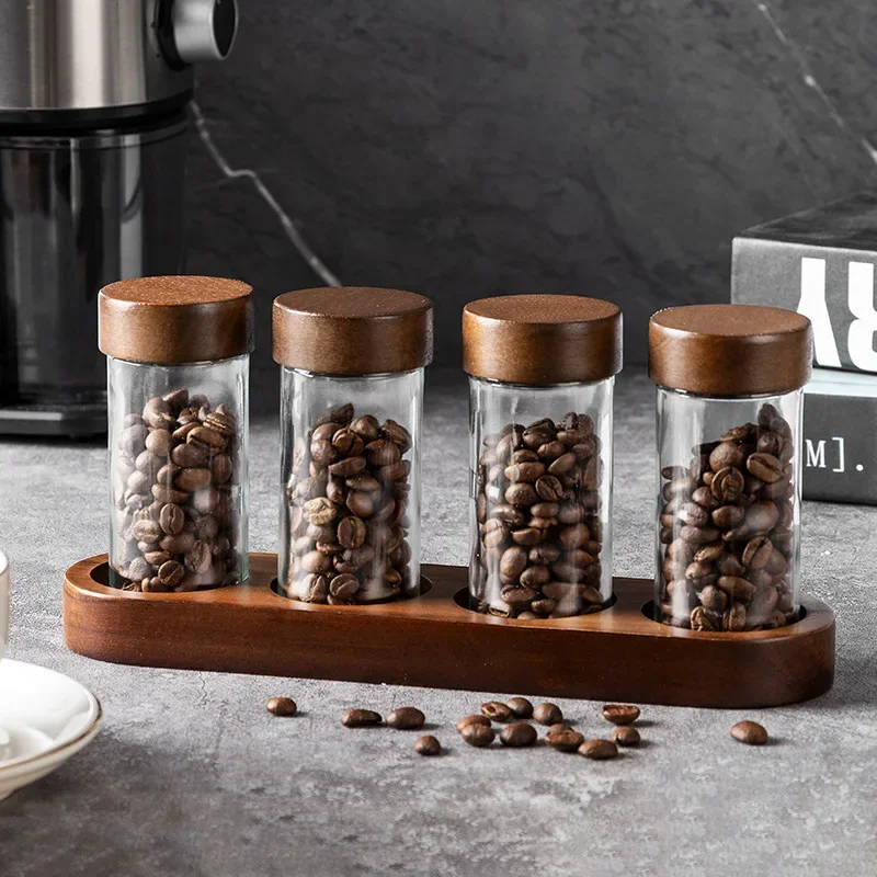 4-piece Set of Clear Glass Storage Jars Candy Airtight Jars with Tray Kitchen Nuts and Coffee Bean Spice Storage Containers New view 2