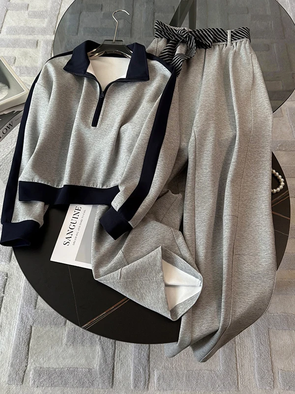 

Комплект женской повседневной спортивной одежды в уличном стиле: зимняя корейская модная серая куртка и брюки с широкими штанинами, комплект из двух предметов