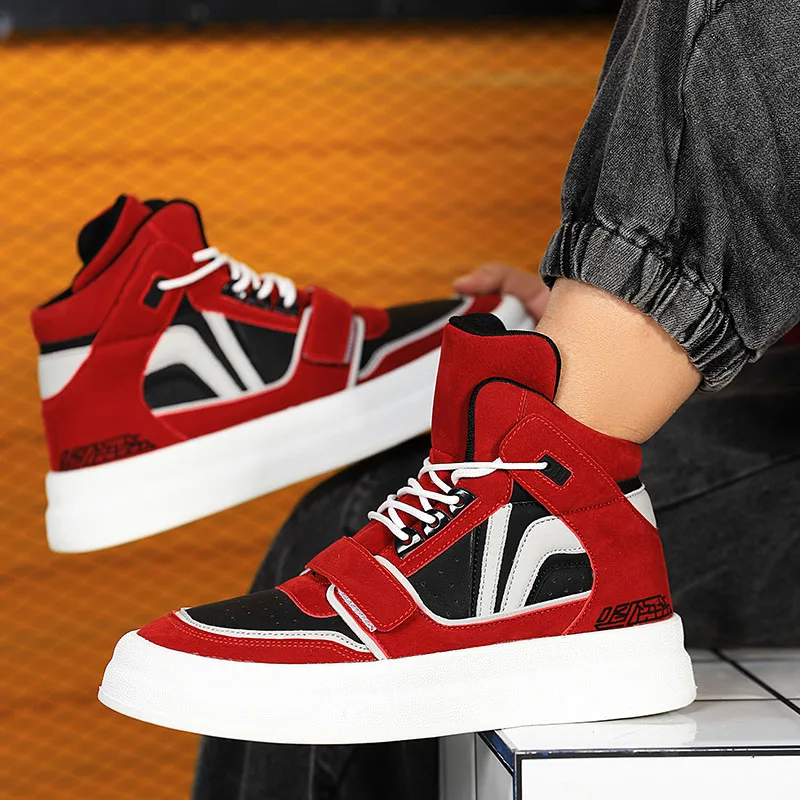 

Fashion Red High Top Sneakers Men New Arrivals Hook And Loop Men Designer Sneakers High Street Platform Men Skateboarding Shoes