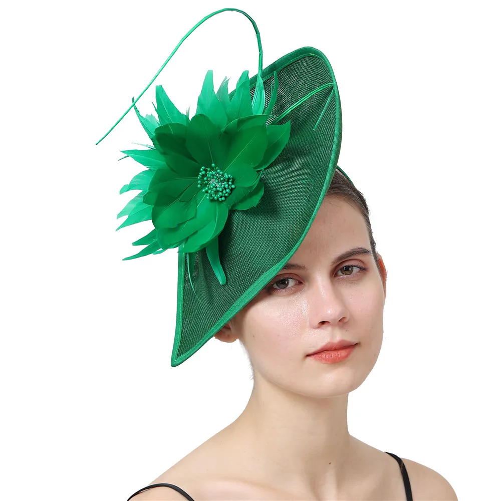 

Green Formal Fascinators Hat Feather Flower Cocktail Fedoras Derby Accessories Headbands Lady Chuch Headpiece Headwear