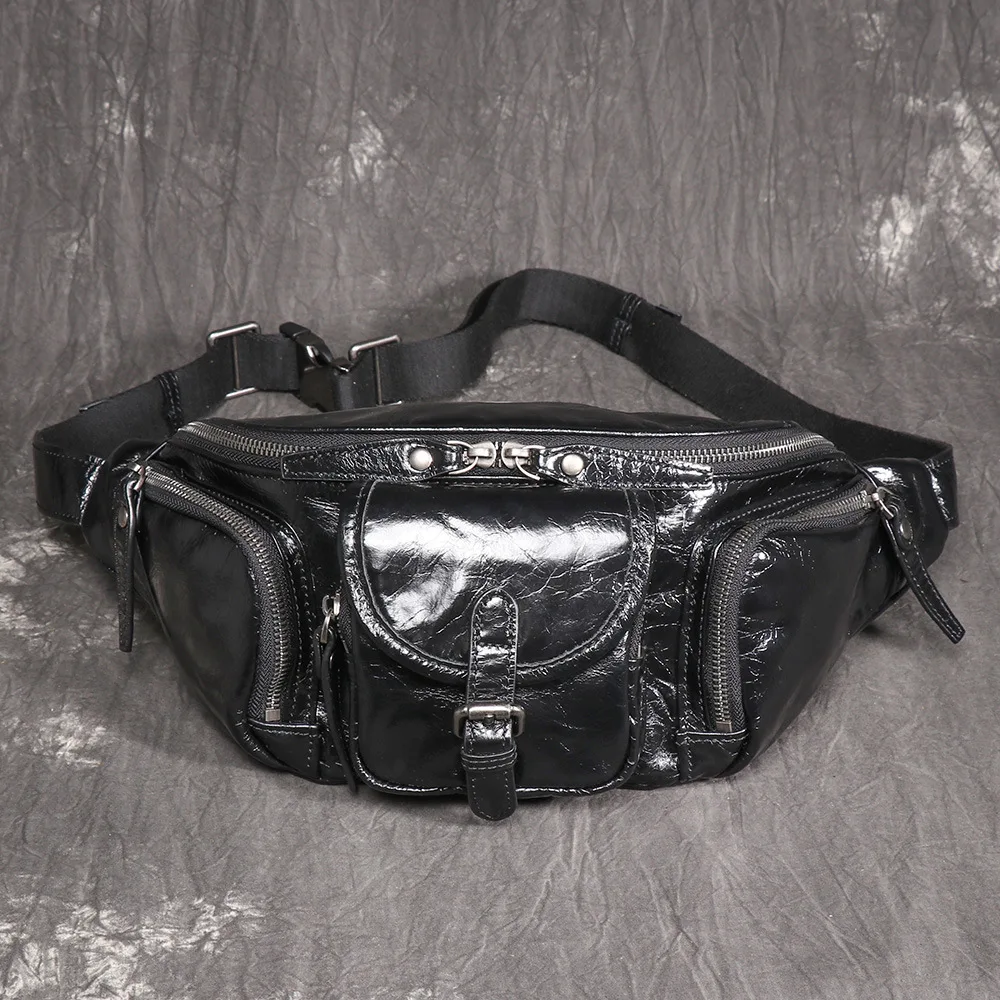 Men's Real Leather Crossbody Bag, Motorcycle Chest Pack Multifunctional for Outdoor