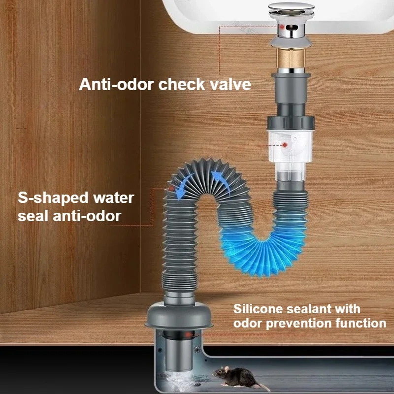Kitchen Sink Drain Hose Set Filter with Stop Valve for Washbasin Bathroom Deodorizing and Scalding-proof Sink Drain Pipe