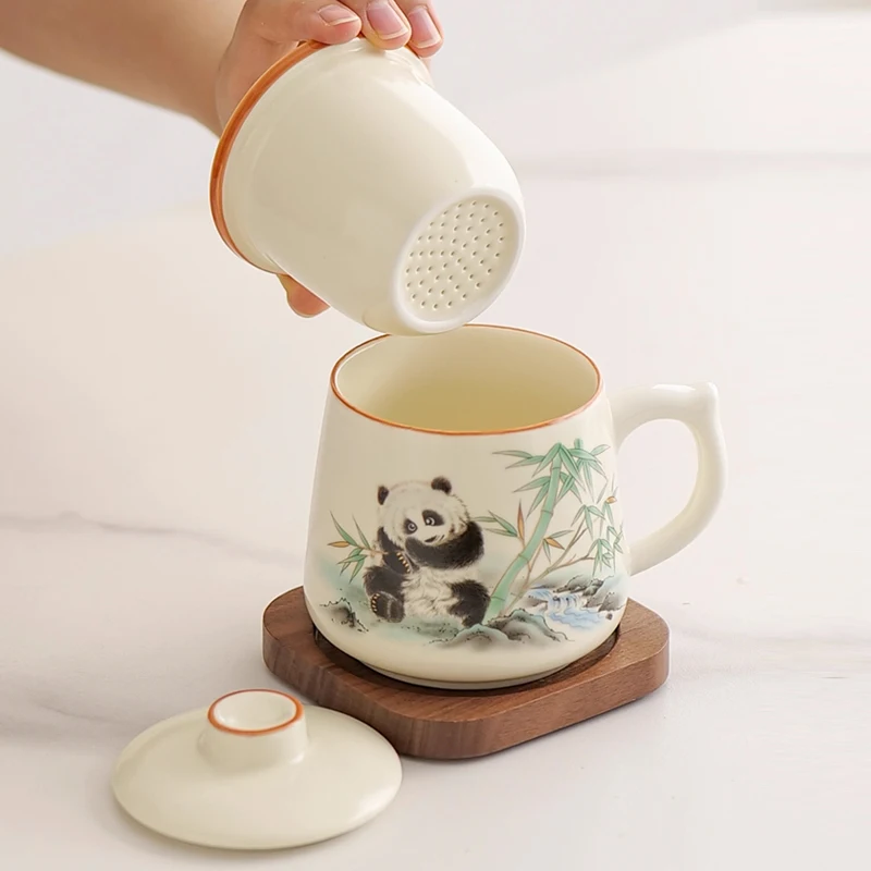 

Chinese Style Ceramic Cartoon Floral Pattern Mug, Personal Creative Teacup, With Cover Filtered Tea Water Separation, 350ml, 1Pc