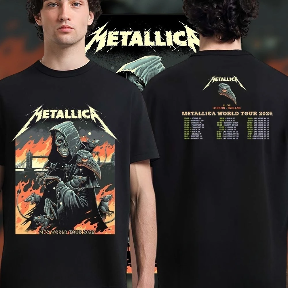 Metallica M72 World London Tour 2026 Double Sided Tshirt Unisex Heavy Metal Band Plague Doctor Graphic Short Sleeve Tee Fan