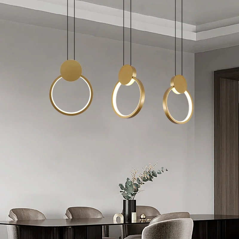 Nordic LED Pendant Light Bedside Long Modern Chandelier Bedroom Gold Brass Pendant Lamp Three-Color Dimming Decor Light Fixtures
