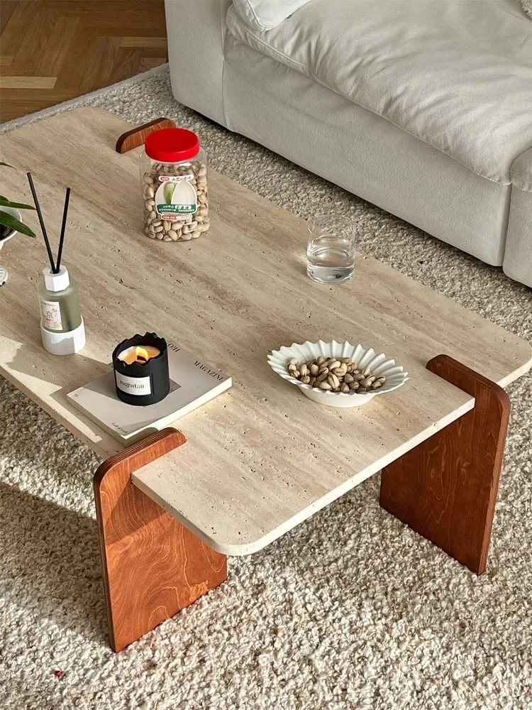 Travertine coffee table living room home modern simple light luxury solid wood creative special-shaped small apartment tea table