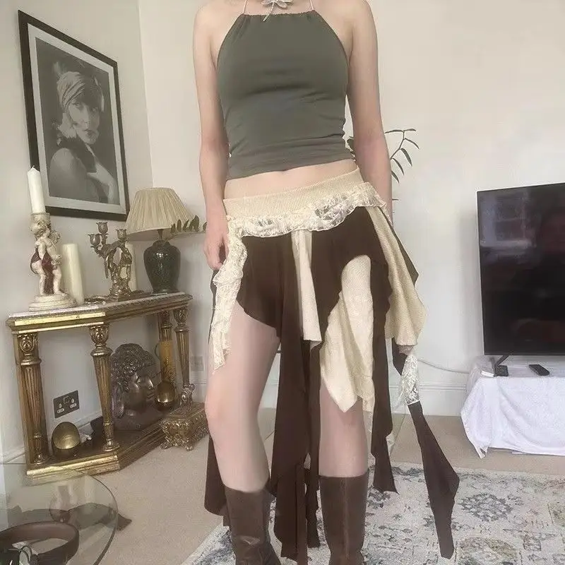 

Fashion Brown Lace Patchwork Short Skirt Summer New Style Vacation Irregular Skirt Female Clothing