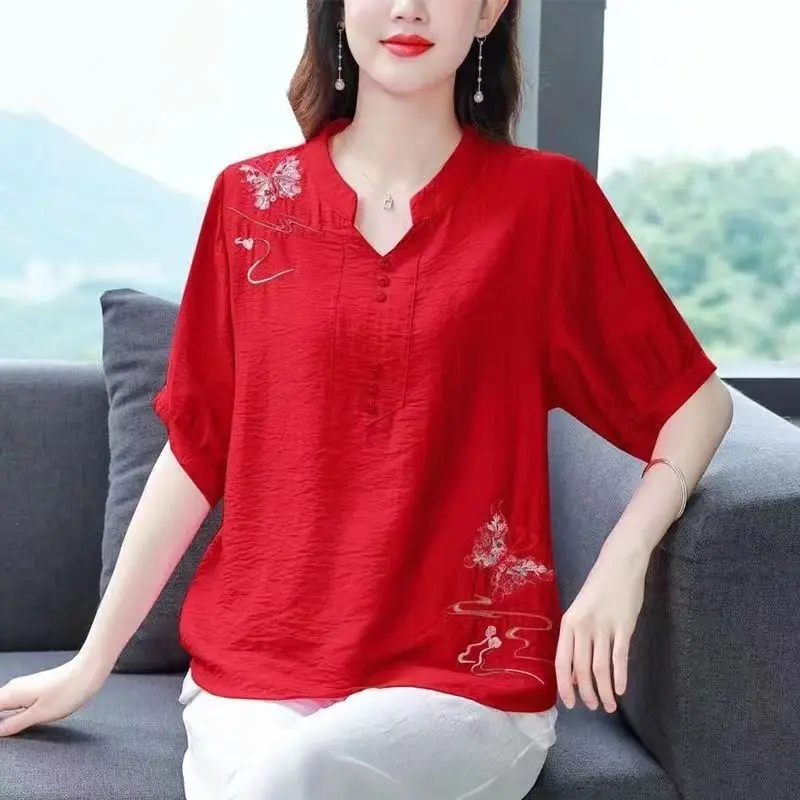 Fashionable Lady Solid Color Embroidery Short Sleeve Shirt Summer Women\'s Clothing Casual Button Patchwork Short Sleeve Blouse