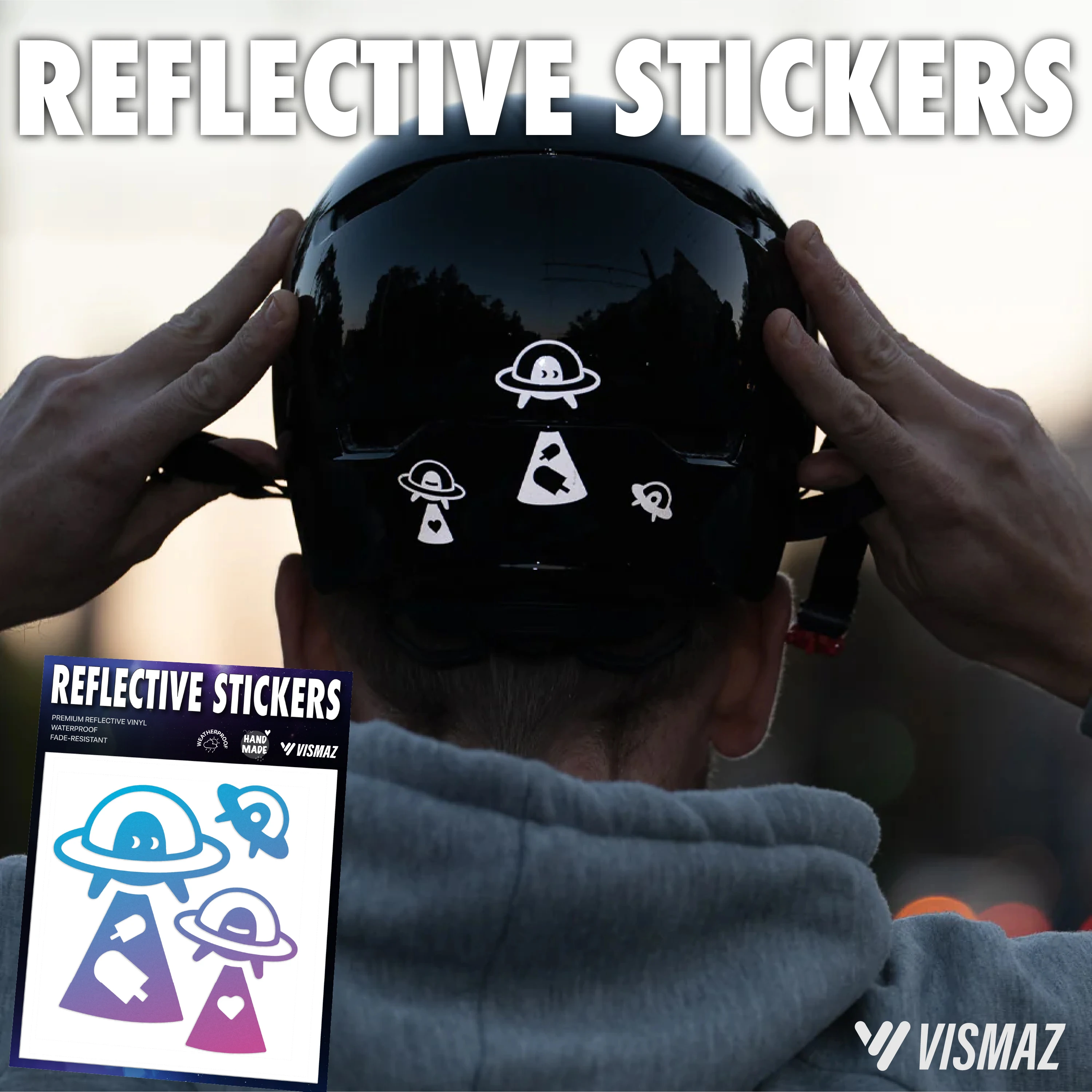 

Светоотражающие наклейки VISMAZ, водонепроницаемые виниловые стикеры для велосипедного шлема, автомобиля, мотоцикла, устойчивые к атмосферным воздействиям, устойчивые к выцветанию, дизайн «НЛО»