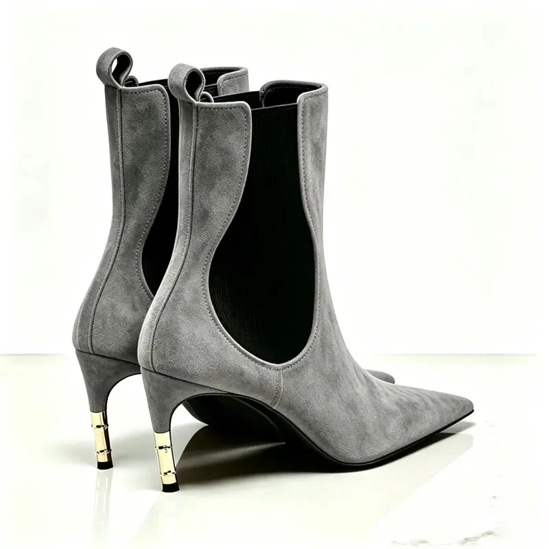 2026 New Low Heel Knee High Boots with Pointed Kitten Heels and Elastic Fabric Autumn and Winter Fashionable Mid Length Boots