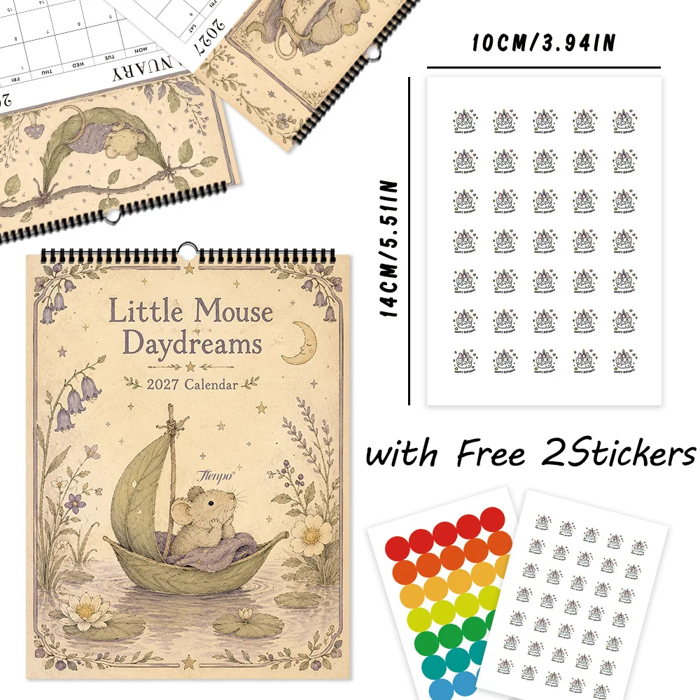 1pc 2027 Vintage Fairytale Mouse Wall Calendar,12‑Month Planner,Gift For ,Christmas,Halloween,New Year,Free Stickers Included