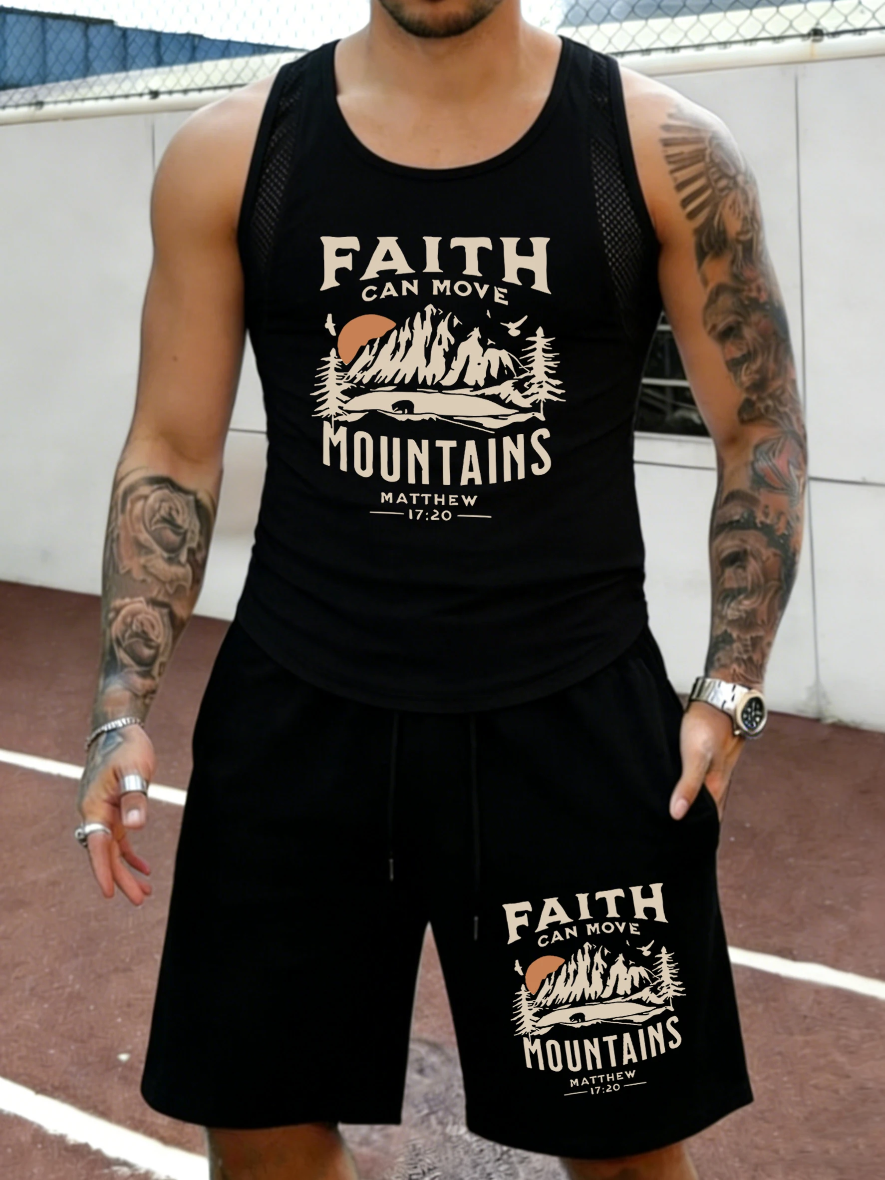 

Faith Can Move Mountains Printed Men Mesh Summer Breathable Vest & Shorts Beach Sport Pants Suit Cool Hiking Sleeveless Tee