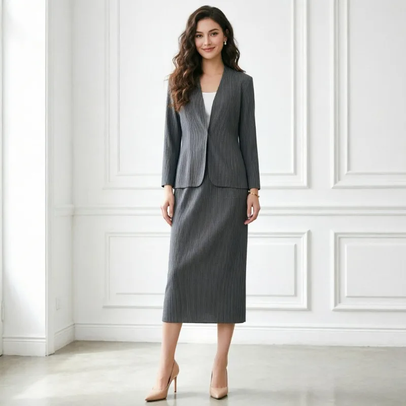 Miyake Pleated Women's Cardigan Jacket Fall New Long Sleeve Top Simple Stretch Set Career Split Half Skirt 2 Piece Set  Europe