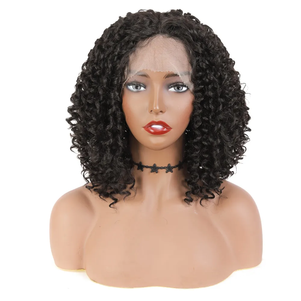 16 Inch Curly Short Bob Wigs Synthetic Lace Front Wig X-TRESS Dark Brown T Part Kinky Curly Hair Wig for Black Women Daily Use