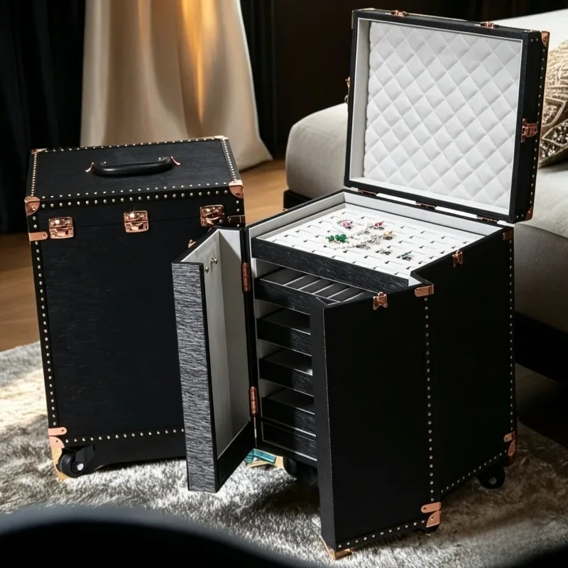 Large Jewelry Storage Box Leather Ring Display Cabinet Luxury Necklace Organizer Case Wheels Bracelet Earring Collection Boxes