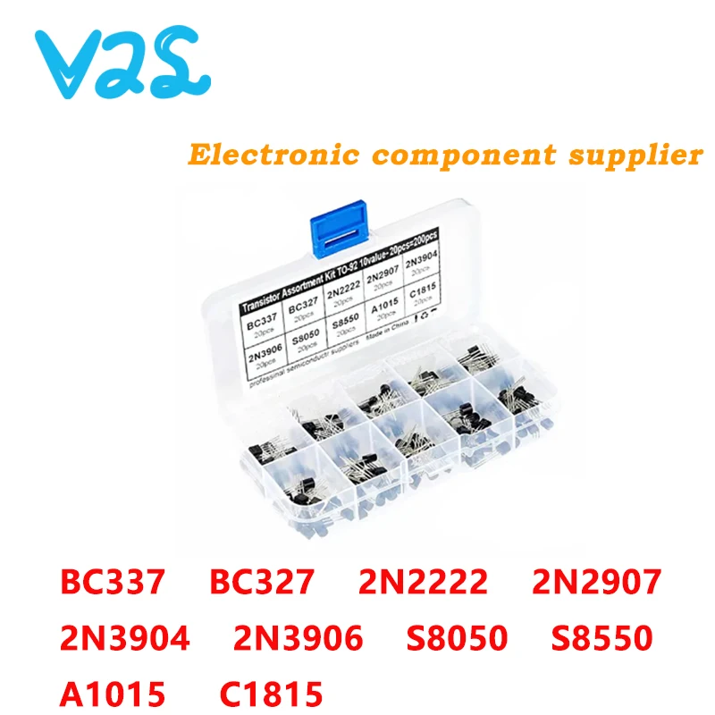 (200pcs/Lot) New BC337 BC327 2N2222 2N2907 2N3904 2N3906 S8050 S8550 A1015 C1815 Transistor Assortment Kit Transistors Box Pack