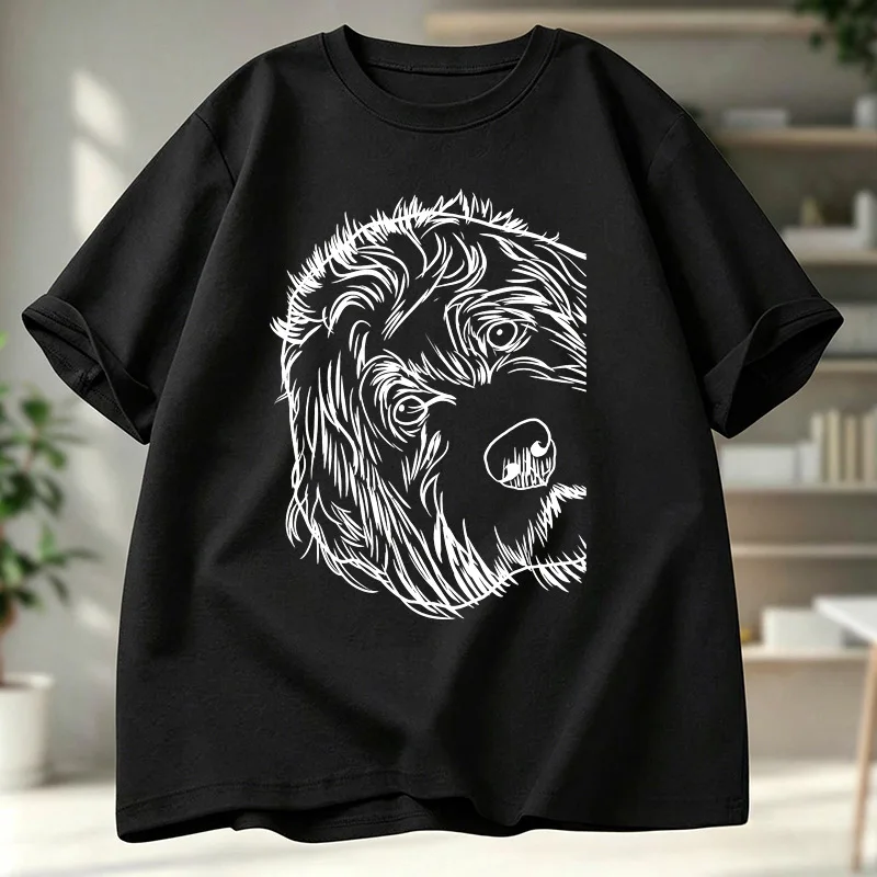 Sketch Style Cute Fluffy Dog Head Line Drawing Art Print Graphic Womens T Shirt Short Sleeve Crew Neck Casual Ladies Tee Tops