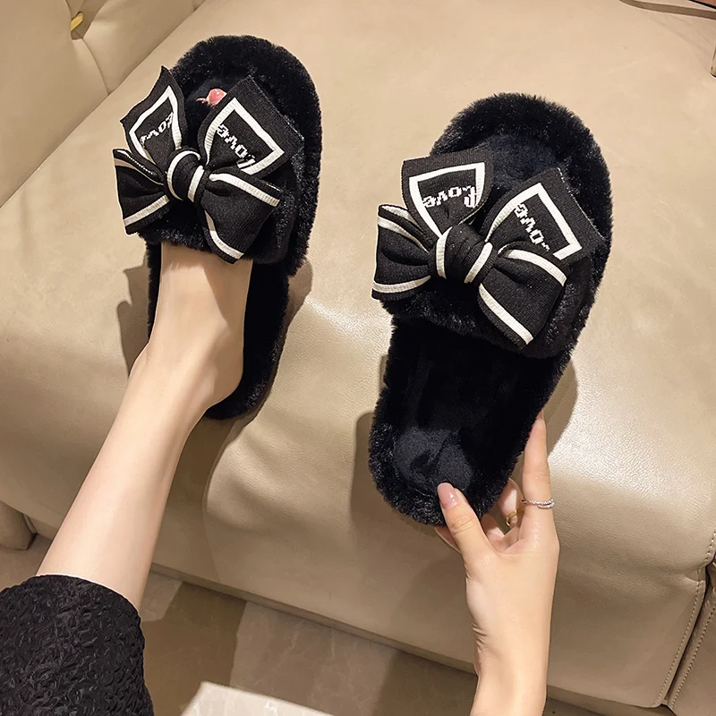 Casual Fluffy Slippers Women House Flats Fashion Winter Bowknot Love Designer Shoes Ladies Home Plush Platform Elegant Footwear - view 4