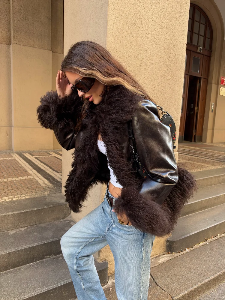 Ladies Faux Fur Trim Patchwork Pu Leather Short Jacket Full Sleeve Cinched Waist Cropped Coat Autumn Fashion Casual Lady Outfits